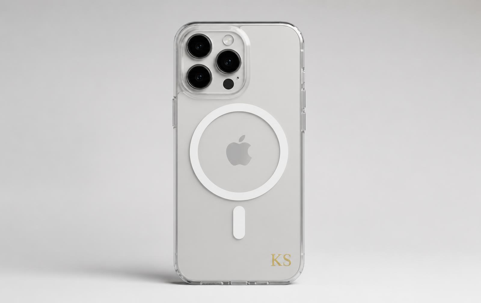 Clear MagSafe iPhone case with gold pressed initials
